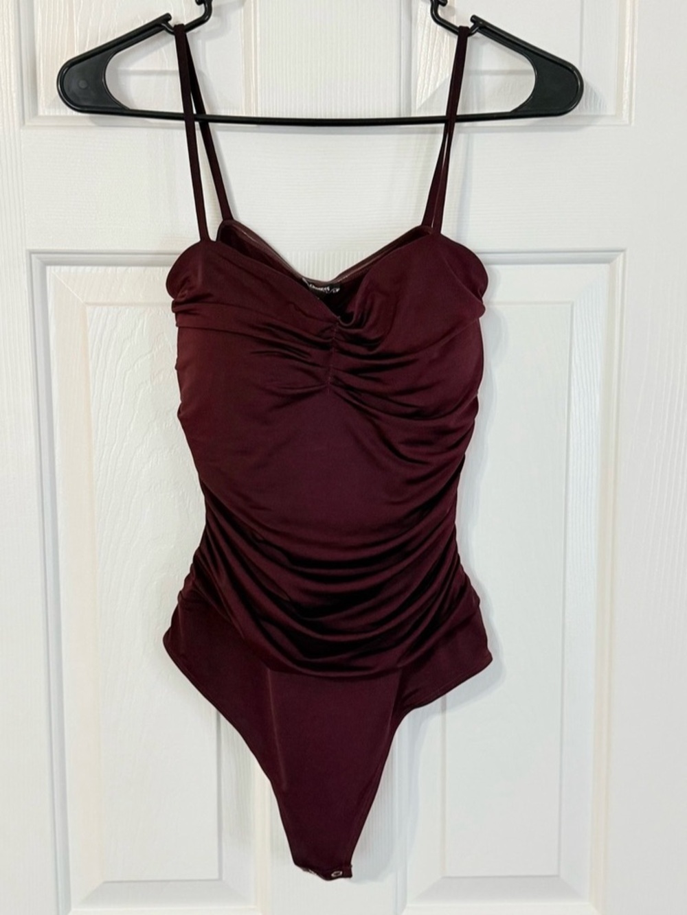 Express Ruched One-Piece Bodysuit in Burgundy Size Small